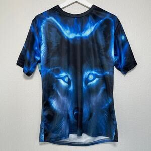 Men's Neon Blue Black Wolf Graphic T-Shirt Short Sleeve Nature Skater Size Large